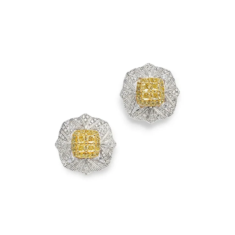 Yellow & White Diamond Vintage Look Halo Stud Earrings in 14K Yellow & White Gold, 3.90 tcw
