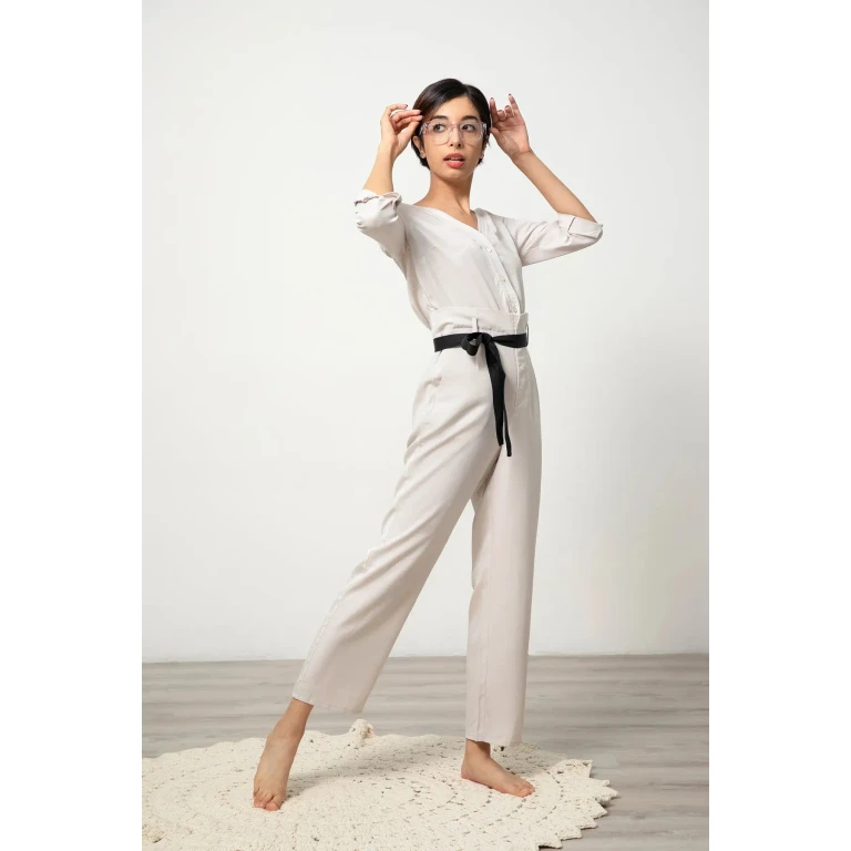 V-neck Jumpsuit - Natural