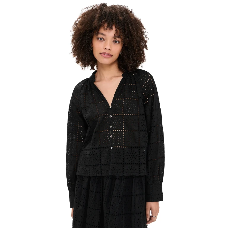 RAILS Francine Top Black Grid Embroidery M