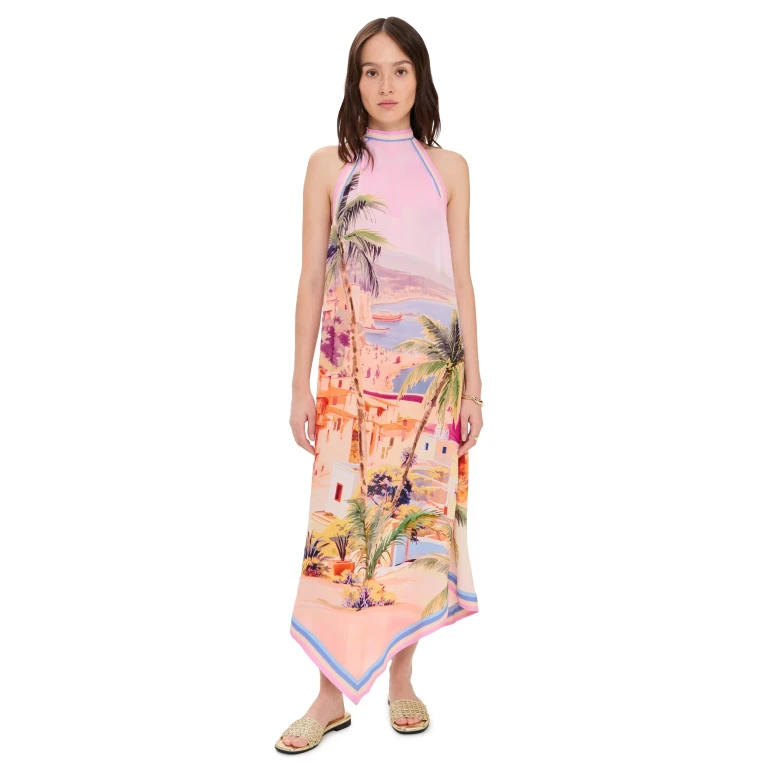 L'AGENCE Elise Postcard Print Halter Midi Dress Multi M