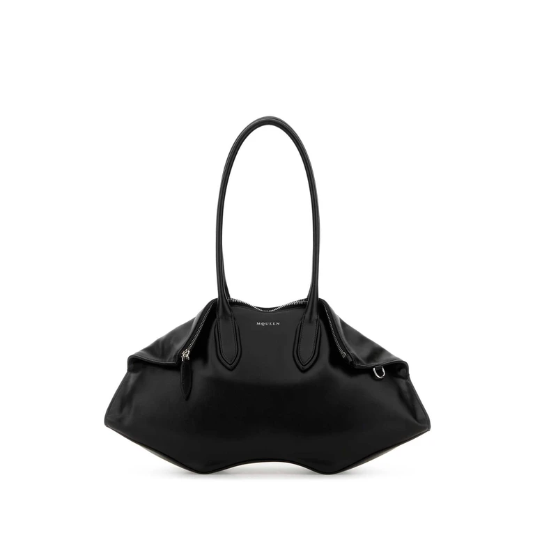 Alexander McQueen Black Leather Manta Shoulder Bag Blacksilver Borse A Mano - Women