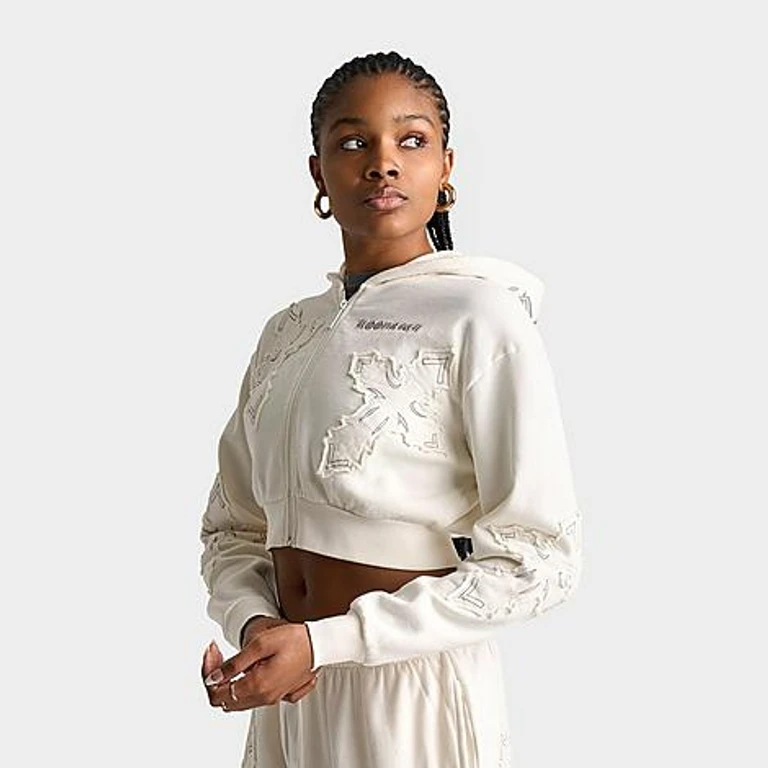 Hoodrich Women's NYX Cropped Fleece Full-Zip Hoodie in White Alyssum Size: XS