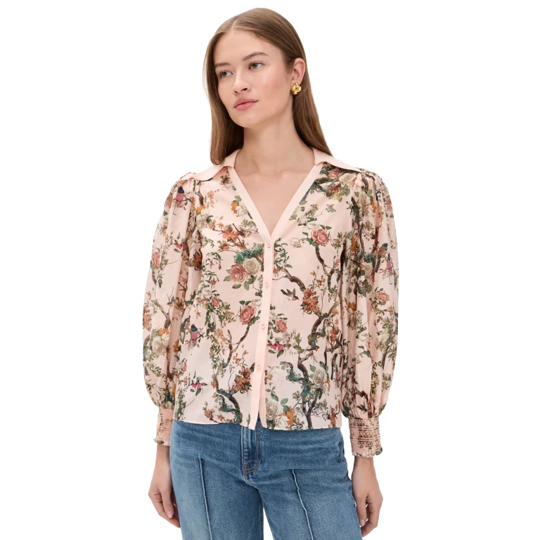 ALICE + OLIVIA Charis Long Sleeve Button Down Blouse Sunset Grove English Rose L