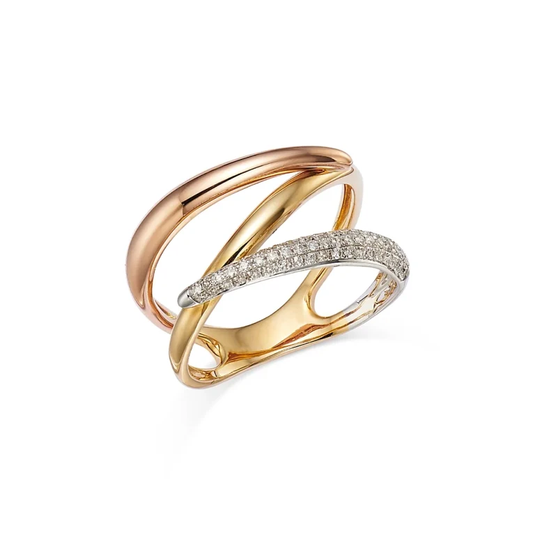 Diamond Pave Crossover Ring in 14K Yellow, White & Rose Gold, 0.20 tcw