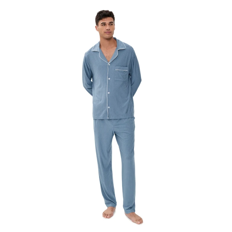 Eberjey William Modal Printed Long Pajama Set Duo Stripe Slate Blue/Ivory XL
