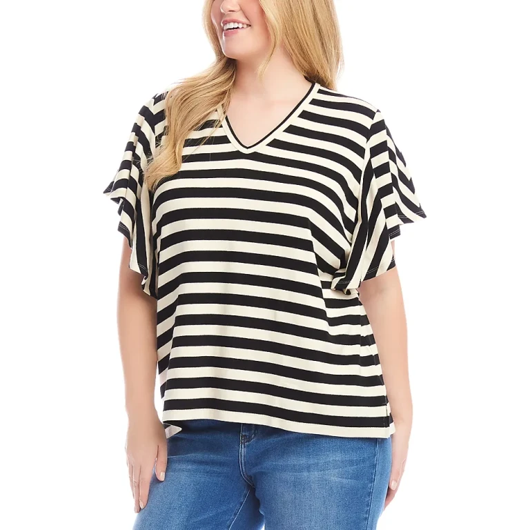 Karen Kane Plus Size Striped Flutter Sleeve V Neck Top