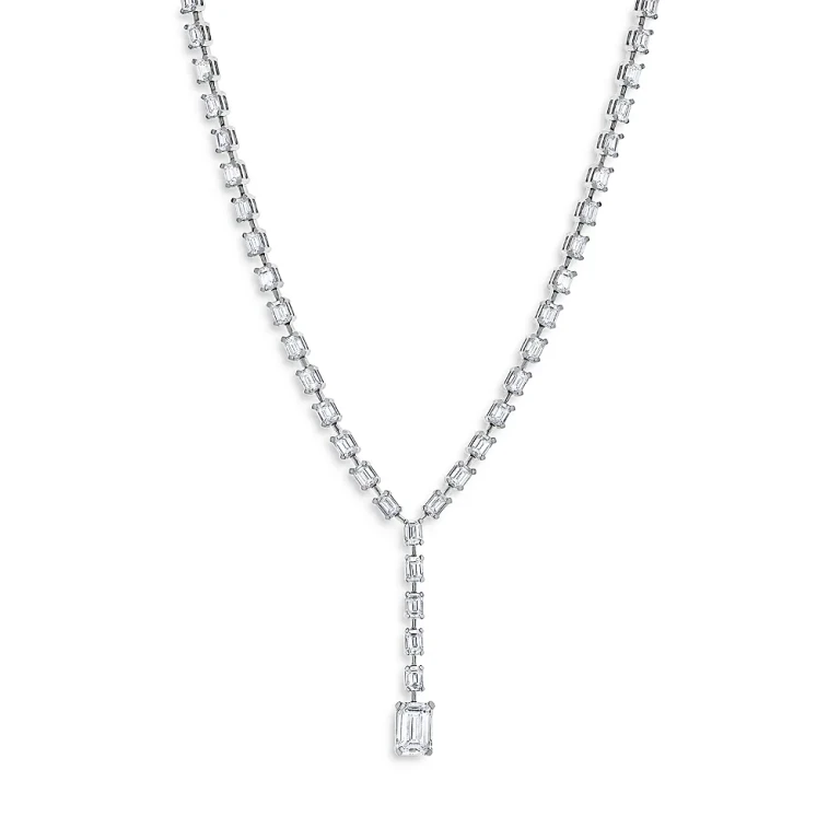 Certified Lab Grown Emerald Cut Diamond Lariat Necklace in 18K White Gold, 15.85 tcw