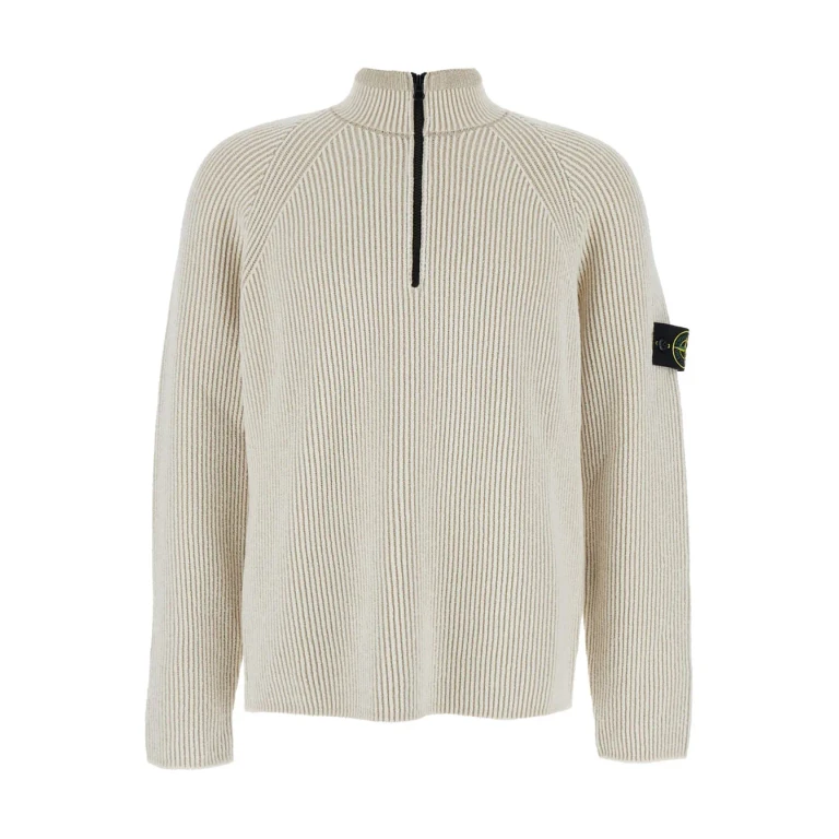 Stone Island White Sweater With Logo Patch On The Sleeve And Front Half Zip Closure In Wool Stretch Man