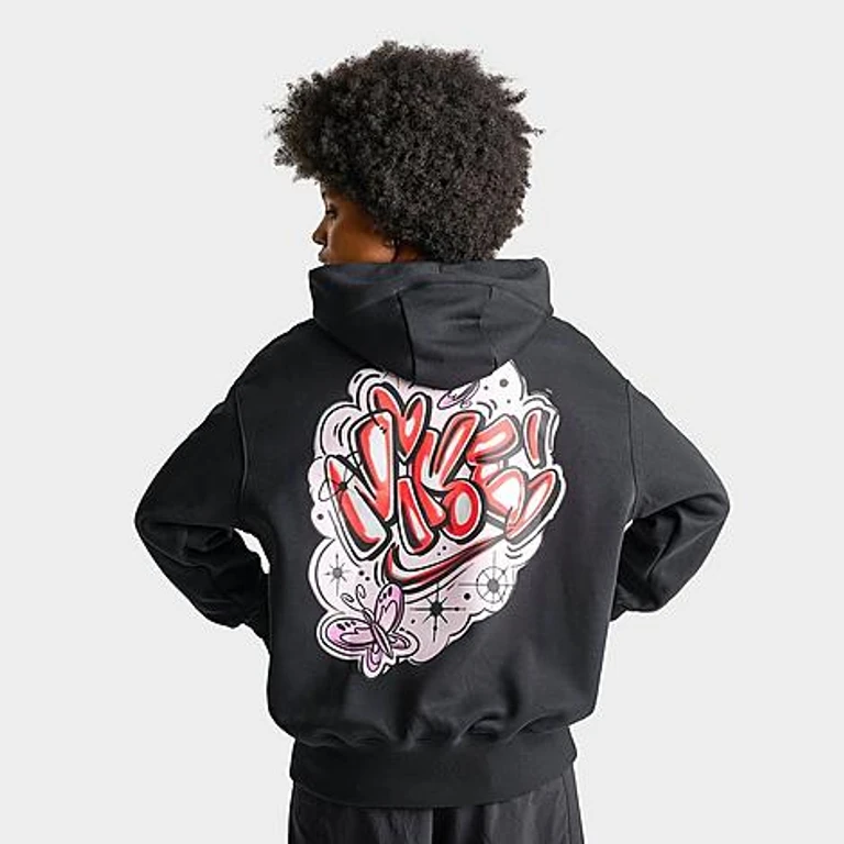 Nike Women's Sportswear Phoenix Fleece Airbrushed Oversized Pullover Hoodie in Black/Light Magenta Size: XS