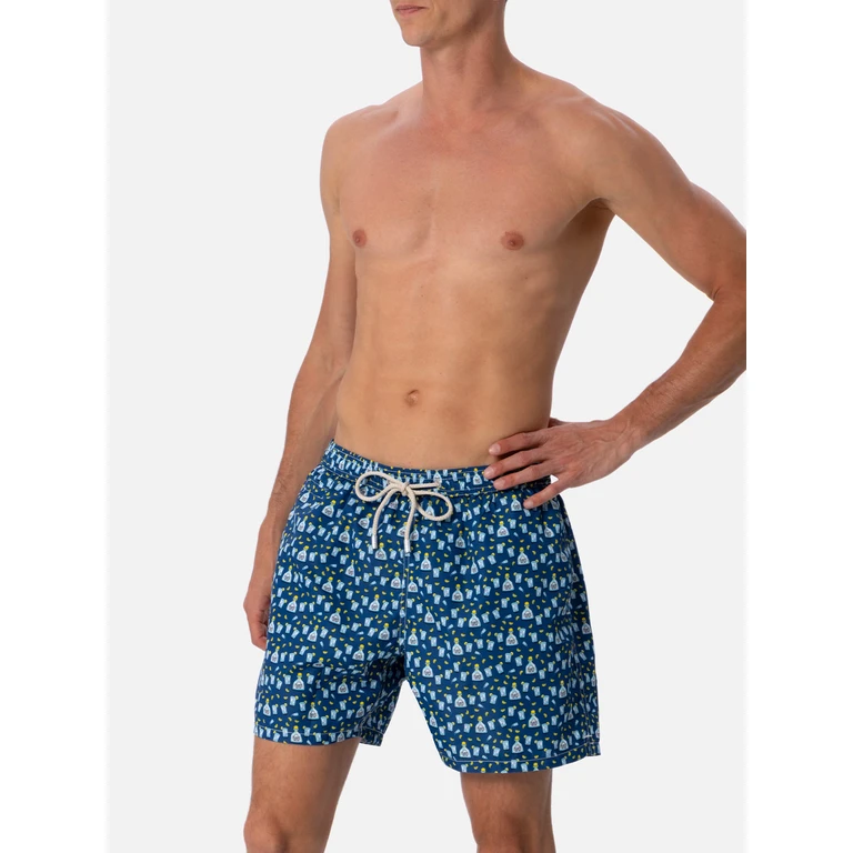 Mc2 Saint Barth Man Lightweight Fabric Swim-Shorts Lighting Micro Fantasy With Tequila Print Blue Swimshort - Men