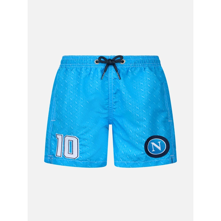 Mc2 Saint Barth Boy Mid-Length Jean Swim-Shorts With Napoli Print Ssc Special Edition Mid Blue Swimshort
