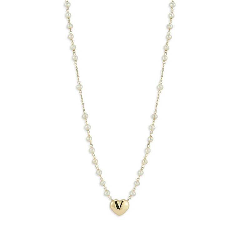 Freshwater Pearl Heart Pendant Necklace in 14K Yellow Gold, 16-18