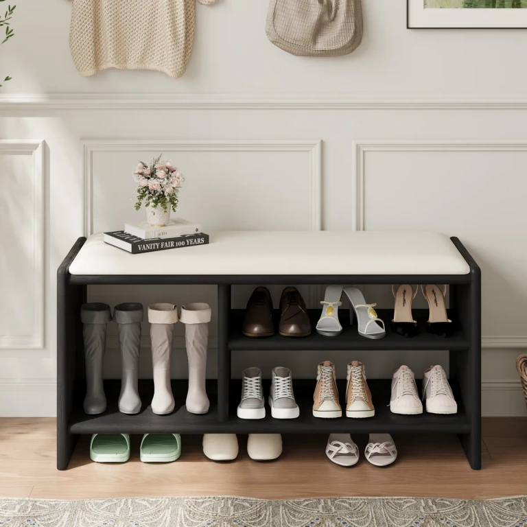 Modern Leather Upholstered Entryway Bench in Walnut Wood Shoe Storage (40'' Wide)