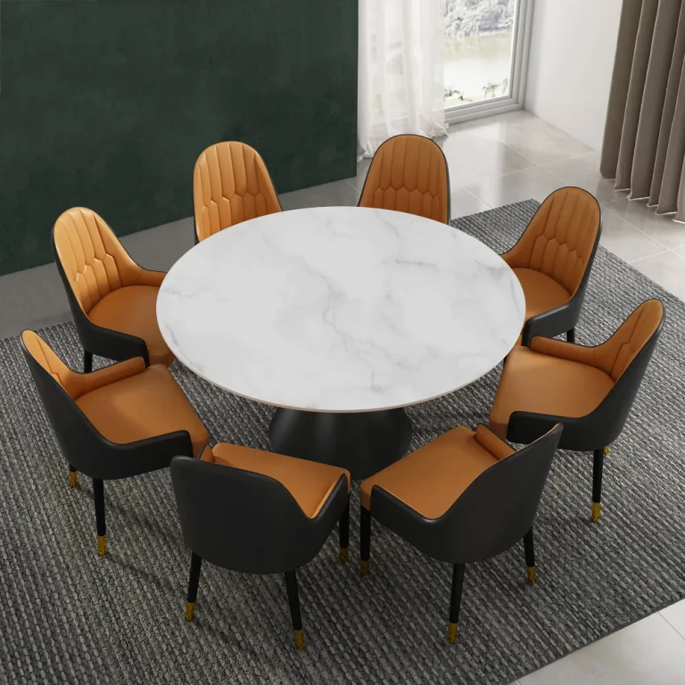 47.2" Round White Faux Marble Dining Table Black Carbon Steel Base