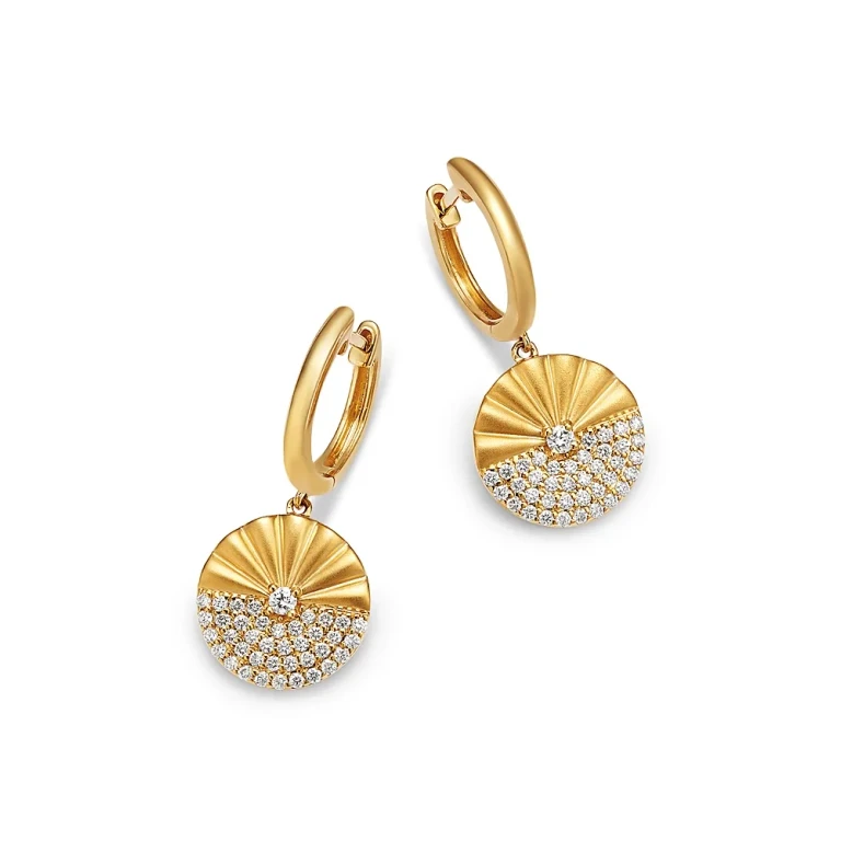 Diamond Pave Ridge Textured Circle Drop Earrings in 14K Yellow Gold, 0.42 tcw