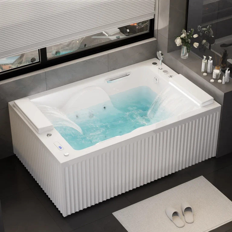 66.7" Double Jacuzzi Bathtub with LED-Lit & Waterfall Pillow Rectangular Acrylic Whirlpool Water Jetted Tub