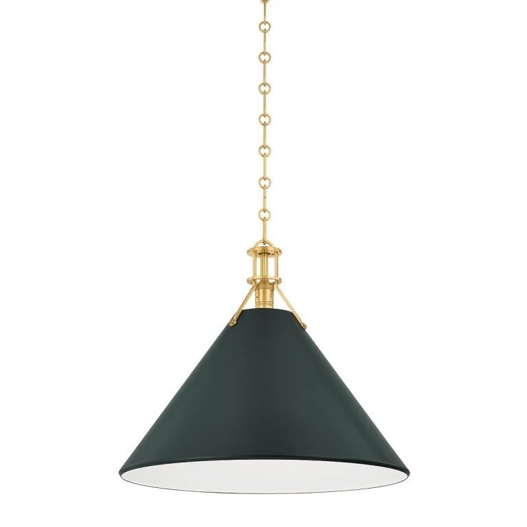 Aged Brass Soft Studio Green Pendant from the Painted No. 2 Collection