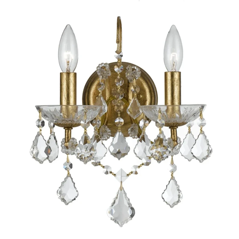 Filmore 2-Light 13" Wall Sconce in Antique Gold with Clear Hand Cut Crystals