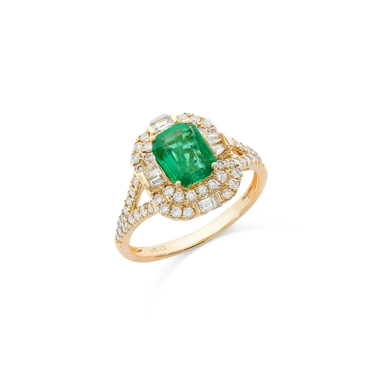 Emerald & Diamond Halo Ring in 14K Yellow Gold