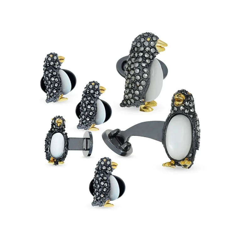 Penguin Sterling Silver, Mother Of Pearl & Marcasite Stud & Cufflink Set
