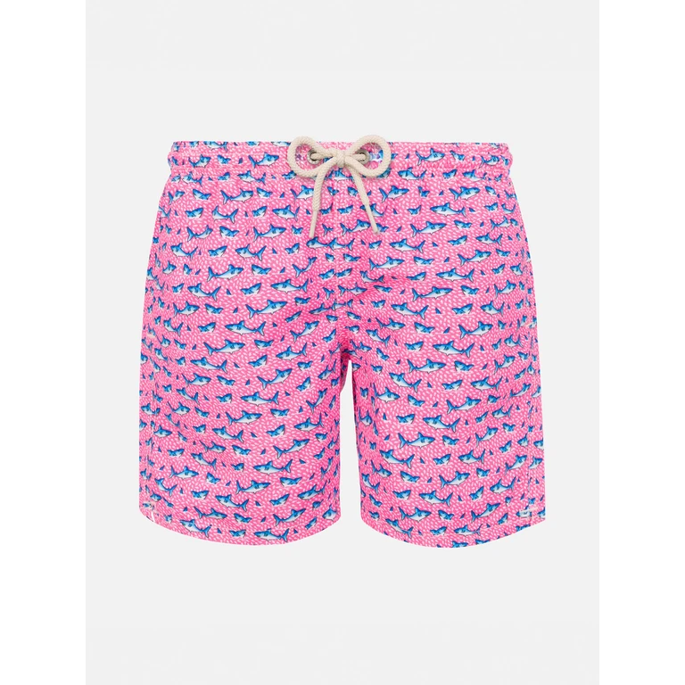 Mc2 Saint Barth Boy Light Fabric Swim Shorts With Sharks Print Fluo Swimshort
