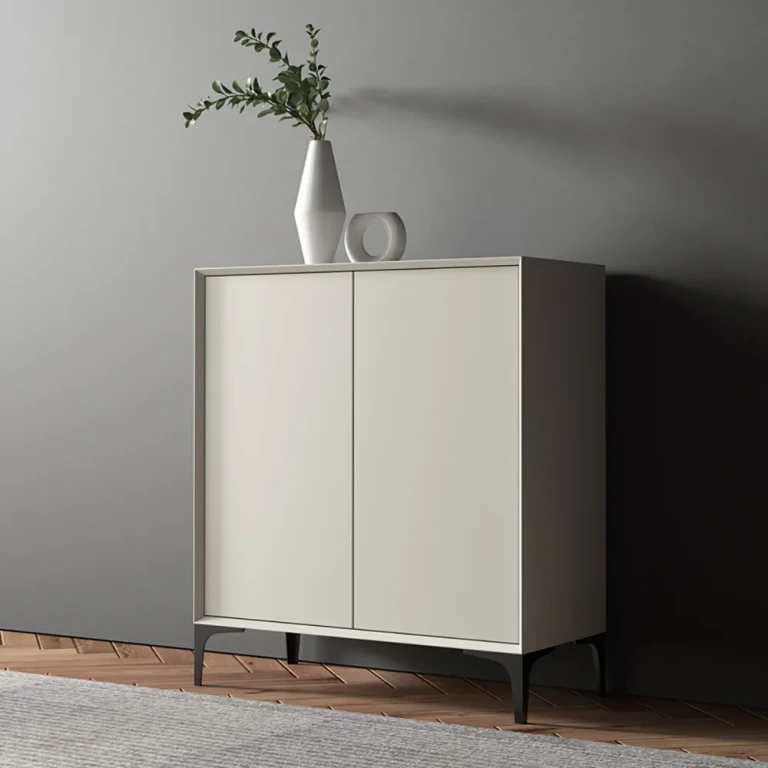 Nordic Minimalist Off White Wooden Shoe Cabinet with 2-Door 10-Shelf