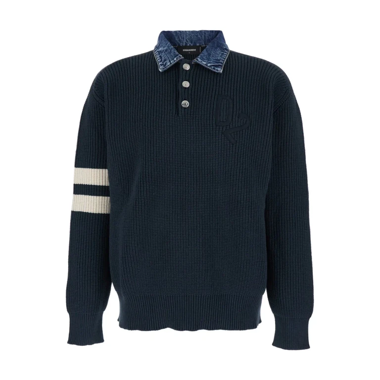 Dsquared2 Blue Sweater With Denim Collar And Logo Embroidery On Front In Cotton Blend For Men