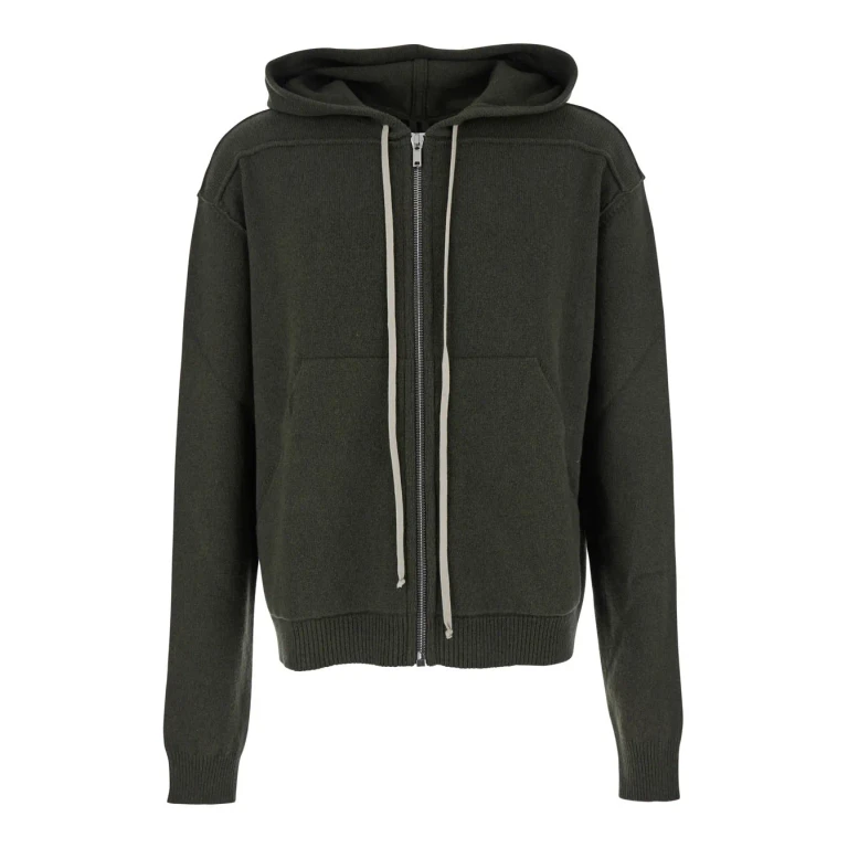Rick Owens Green Sweatshirt With Contrasting Drawstring Hood In Cashmere And Wool Man