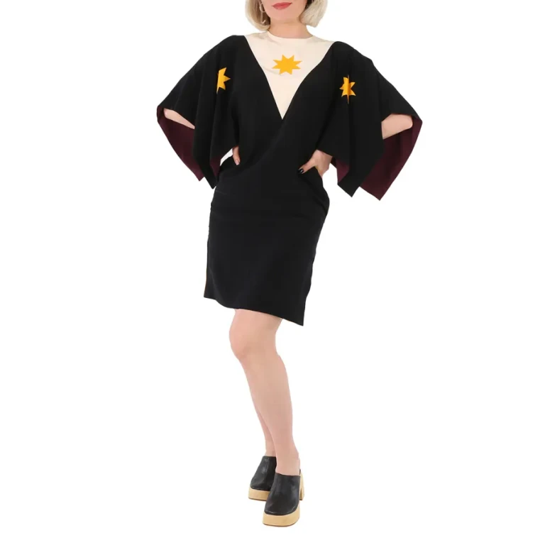 Burberry Ladies Black Geometric Print Silk Crepe De Chine Cape Sleeve Dress