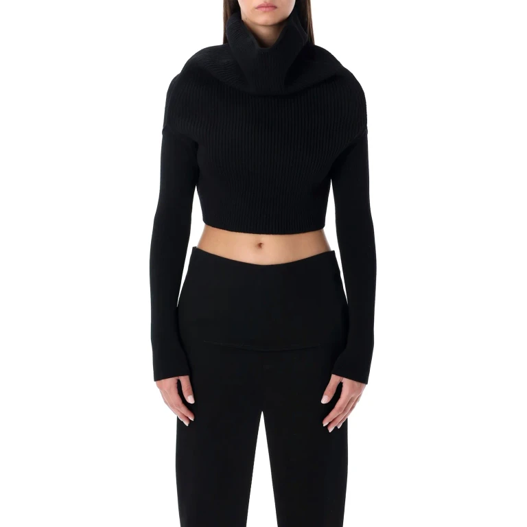 Rick Owens Black Cropped Knit With Cowl Neck