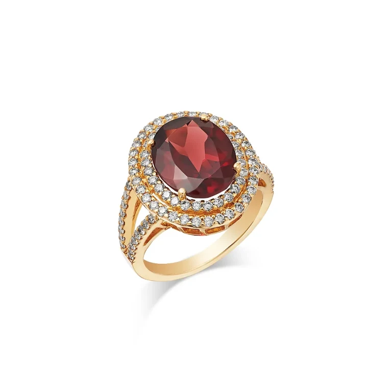 Garnet & Diamond Halo Ring in 14K Yellow Gold