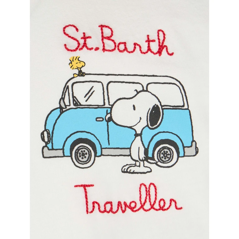 Mc2 Saint Barth Boy Cotton T-Shirt With Snoopy Print And St. Barth Traveller Embroidery Peanuts Special Edition White