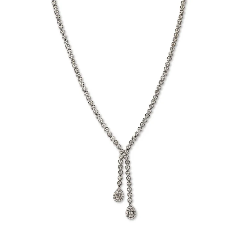 Diamond Round & Baguette Lariat Necklace in 14K White Gold, 4.5 tcw