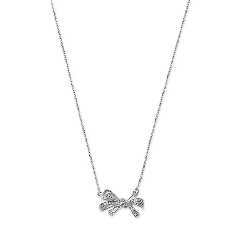 Diamond Bow Pendant Necklace in 14K White Gold, 0.25 tcw
