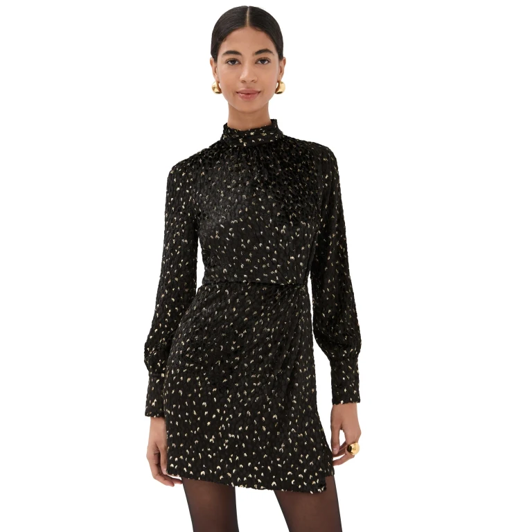 SIMKHAI Daphne Long Sleeve Draped Mock Neck Mini Dress Black multi 12