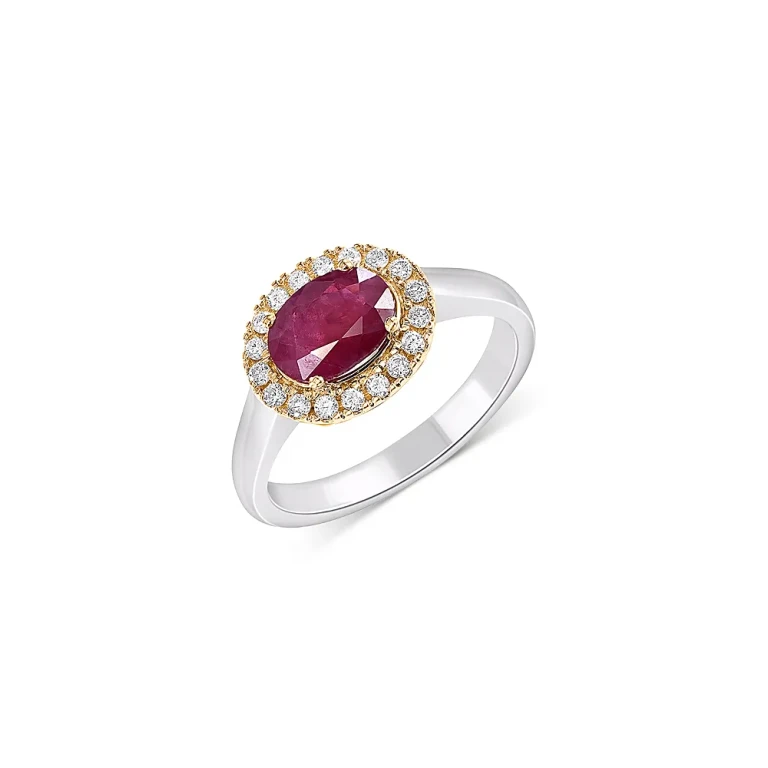 Ruby & Diamond Oval Halo Ring in 14K Yellow & White Gold