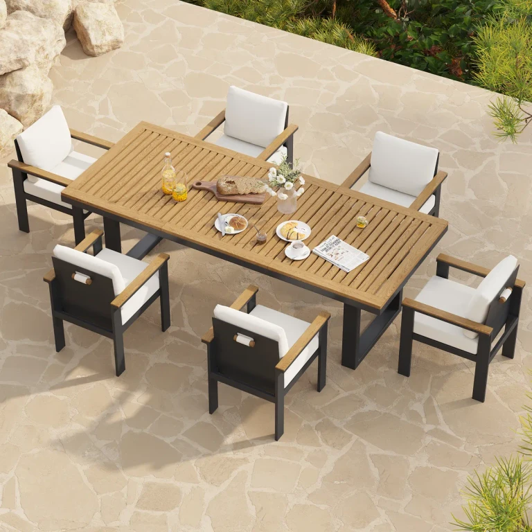 Rectangle Teak Wood & Aluminum Outdoor Patio Dining Table Modern Yard & Patio Furniture for 6 - 8 Person Teak & Aluminum Outdoor Dining Chair