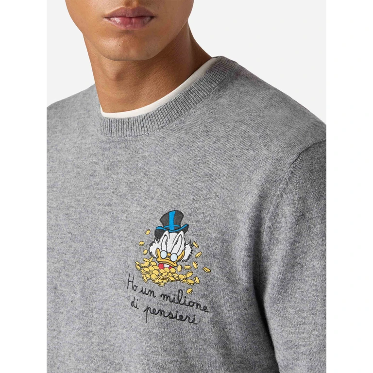 Mc2 Saint Barth Crewneck Sweater Heron Light With Uncle Scrooge Embroidery Disney Special Edition Grey - Men