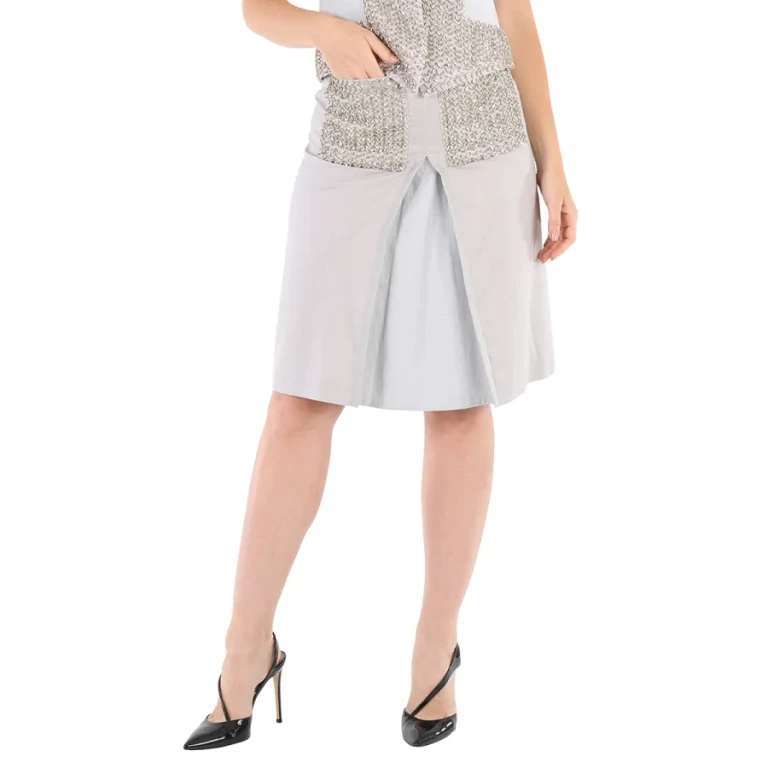 Burberry Ladies Grey Melange Crystal Embroidered Box Pleated Midi Skirt