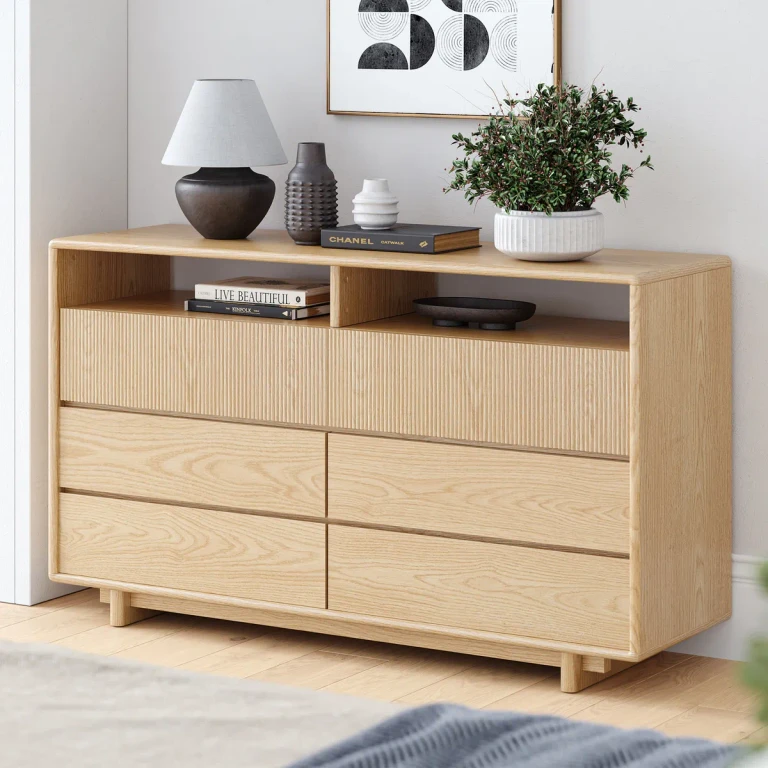 47" Mid Century Modern 6-Drawer Wood Dresser with Shelves
