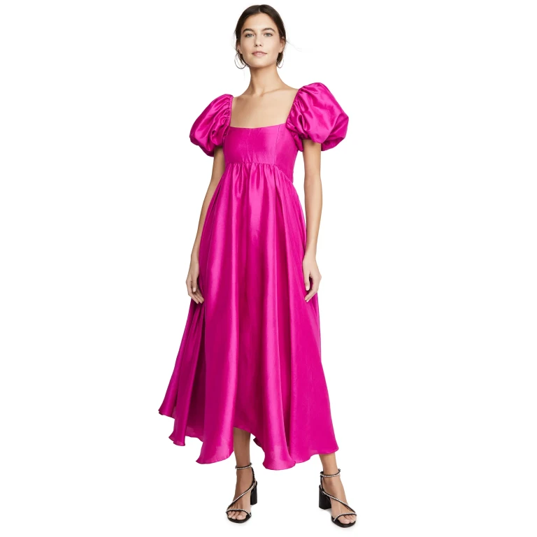 Azeeza Rory Puff Sleeve Silk Dress Magenta XS
