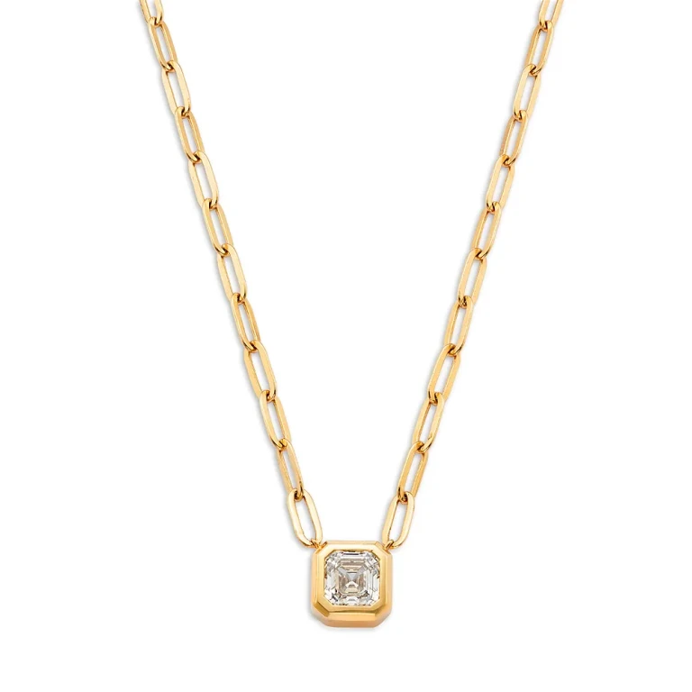 Certified Lab Grown Diamond Ascher Cut Bezel Paper Clip Pendant Necklace 14K Yellow Gold, 2.0 tcw