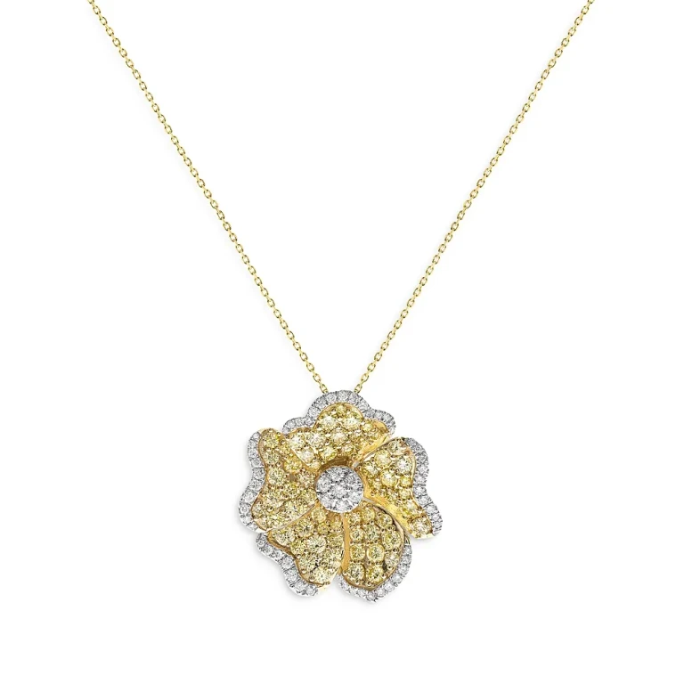 Yellow & White Diamond Flower Pendant Necklace in 14K White & Yellow Gold, 3.25 tcw