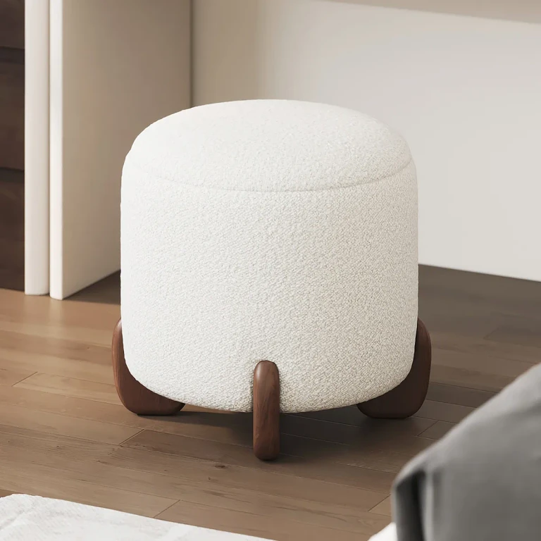 Curva Boucle Vanity Stool with Lifted Top Storage Round Ottoman with Walnut Legs