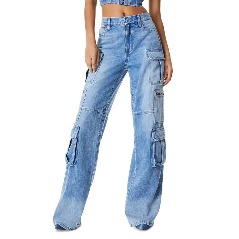 Alice and Olivia Cay High Rise Cargo Wide Leg Jeans in Brea Blue