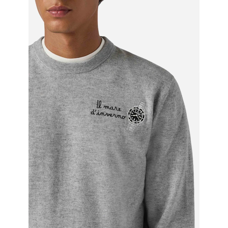 Mc2 Saint Barth Crewneck Sweater Heron Light With Il Mare Dinverno Embroidery Grey - Men