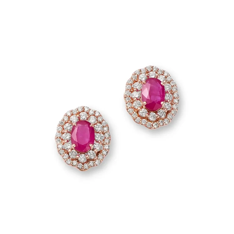 Ruby & Diamond Halo Stud Earrings in 14K Rose Gold
