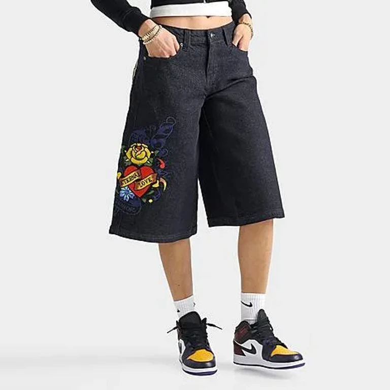 Ed Hardy Women's Eternal Love Long Denim Jorts in Raw Wash Size: 24