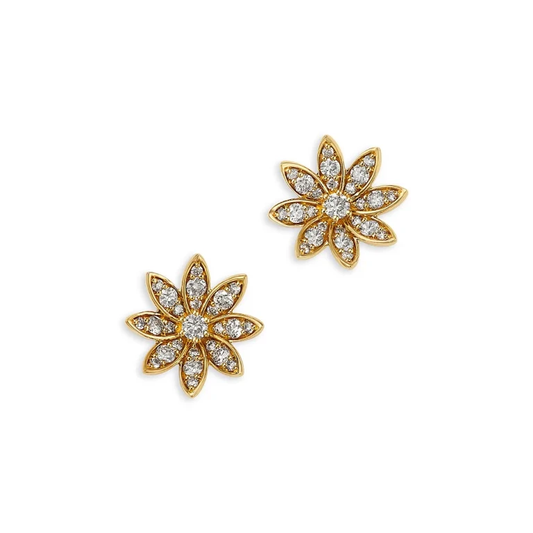 Champagne Diamond Starburst Flower Stud Earrings in 14K Yellow Gold, 0.78 tcw