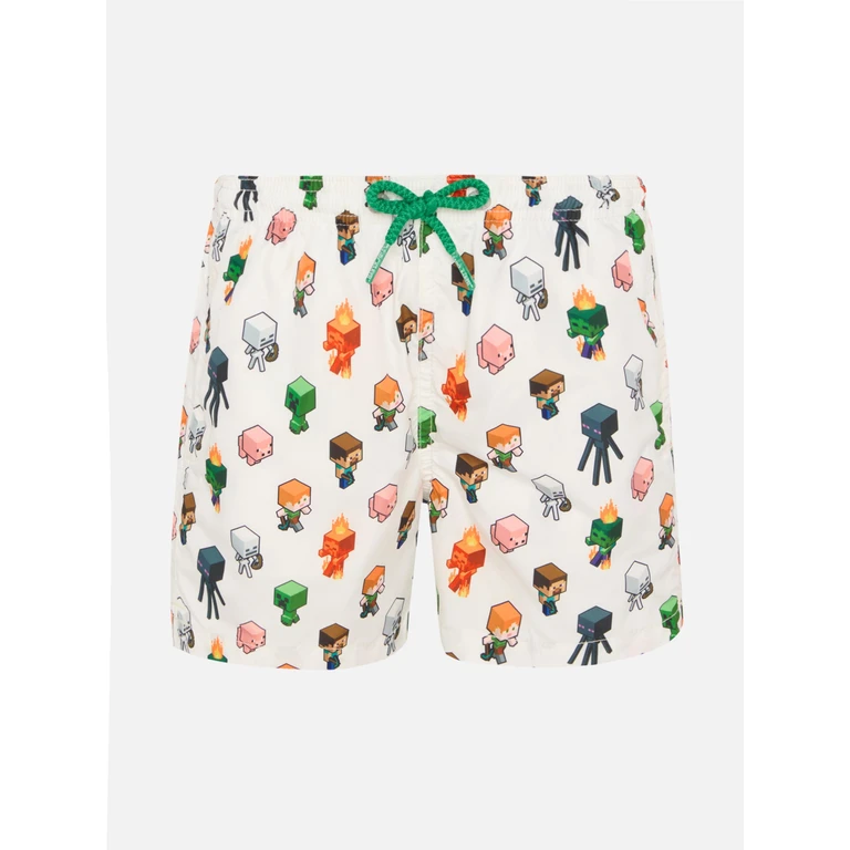 Mc2 Saint Barth Jean Lighting Lightweight Fabric Swim Shorts With Minecraft Print Special Edition White Swimshort